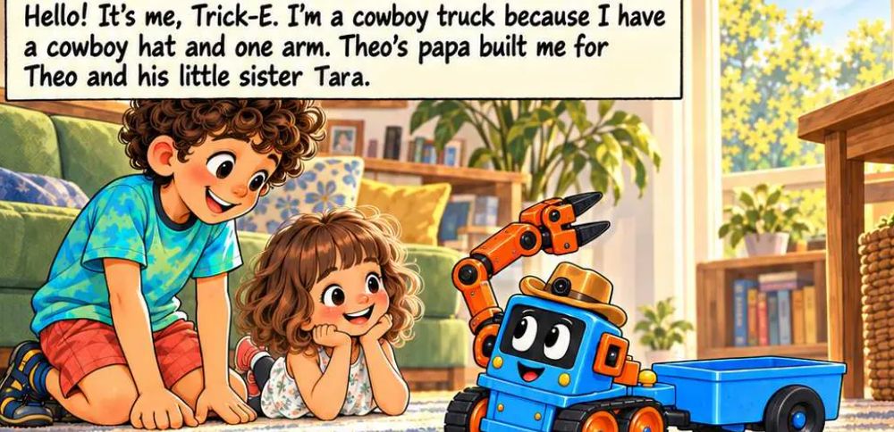 Comic panel: Theo and Dani kneel on the living-room rug beside Trick-E. Caption: Hello! It's me, Trick-E. I'm a cowboy truck because I have a cowboy hat and one arm.